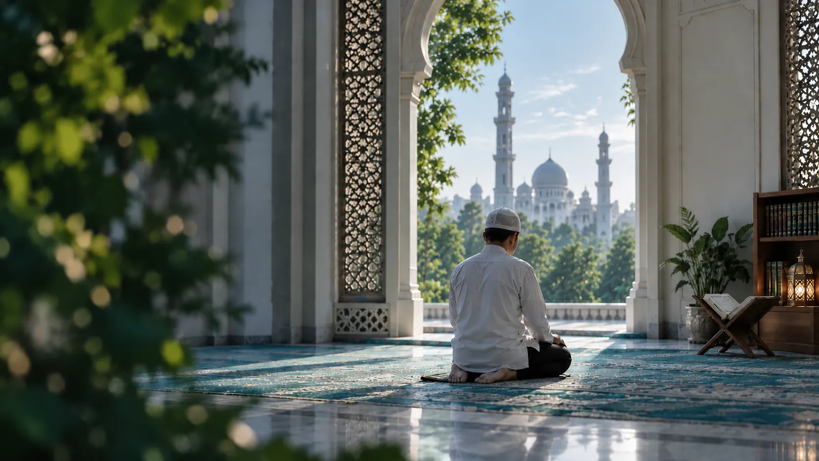 Seorang lelaki duduk tenang selepas solat, memandang ke arah masjid pada waktu subuh