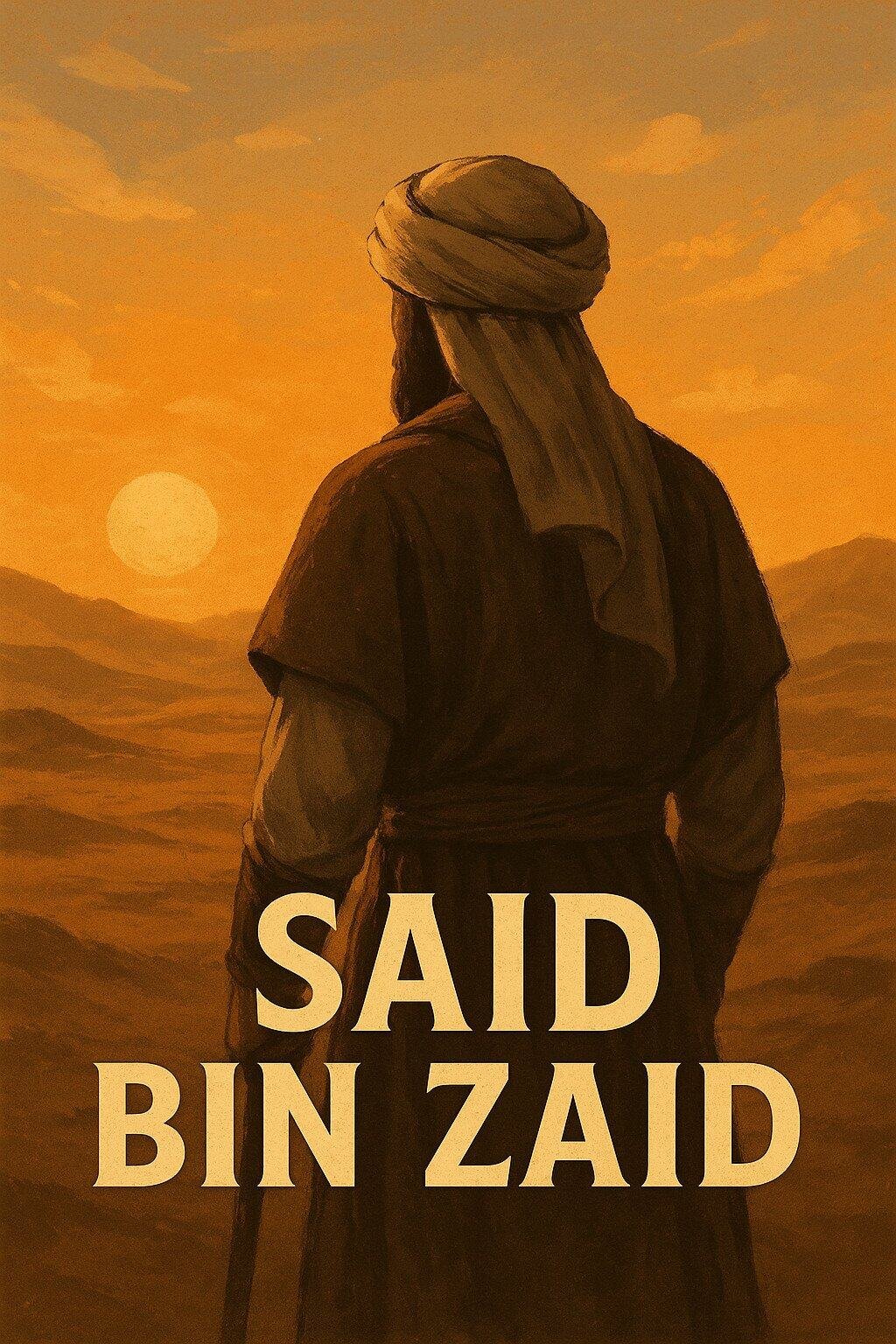 Said bin Zaid Islamic poster – desert-themed digital illustration of Sahabah in turban and robe, viewed from behind at sunset, historical Muslim figure in Middle Eastern attire.