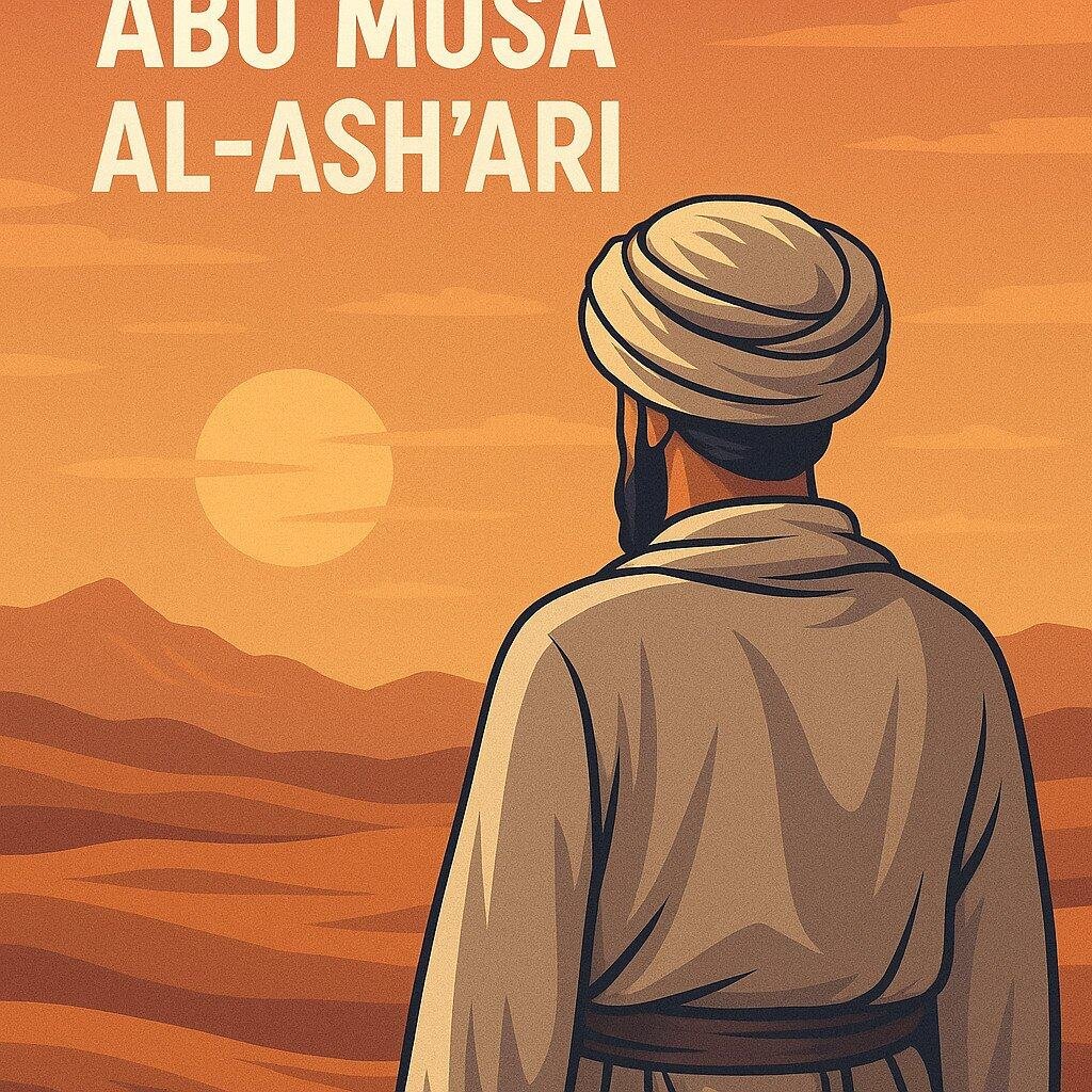 Abu Musa al-Ash'ari Islamic poster – back view of Sahabah in turban and robe, standing in sunset-lit desert, traditional Muslim figure in historical digital illustration