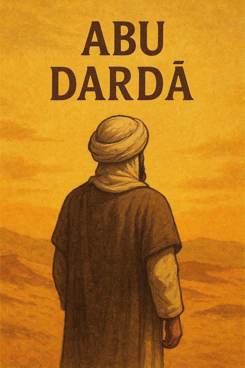 Abu Darda Islamic illustration poster – traditional desert-themed artwork of Sahabah in turban and robe, shown from behind, with golden sky background and historical Muslim figure style